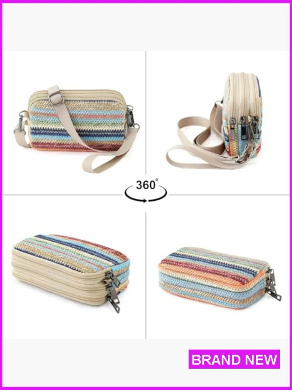 Small 3-Zip Wristlet Crossbody Phone Purse Lightweight Straw Texture